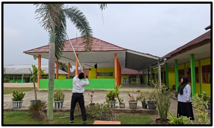Jaga Estetika Lapangan Hijau, Karyawan MTsN 1 Tebo Sigap Bersihkan Pelepah Pohon Demi Kenyamanan Madrasah