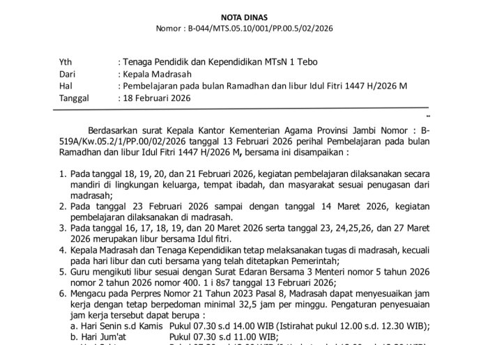 MTsN 1 Tebo Atur Jam Kerja Selama Ramadhan MTsN 1 Tebo Atur Jam Kerja Selama Ramadhan