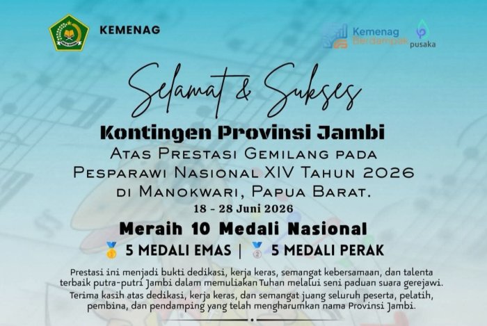 Kontingen Jambi Sabet 5 Emas dan 5 Perak di Pesparawi Nasional