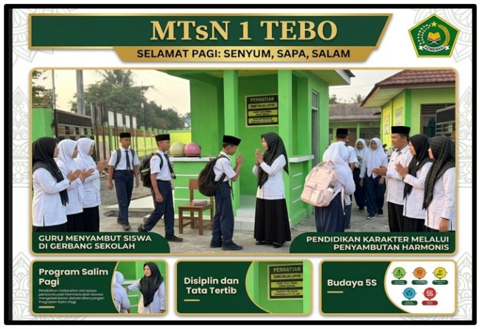 Tumbuhkan Budaya 5S, Guru Piket MTsN 1 Tebo Setia Sambut Kedatangan Siswa di Pintu Gerbang